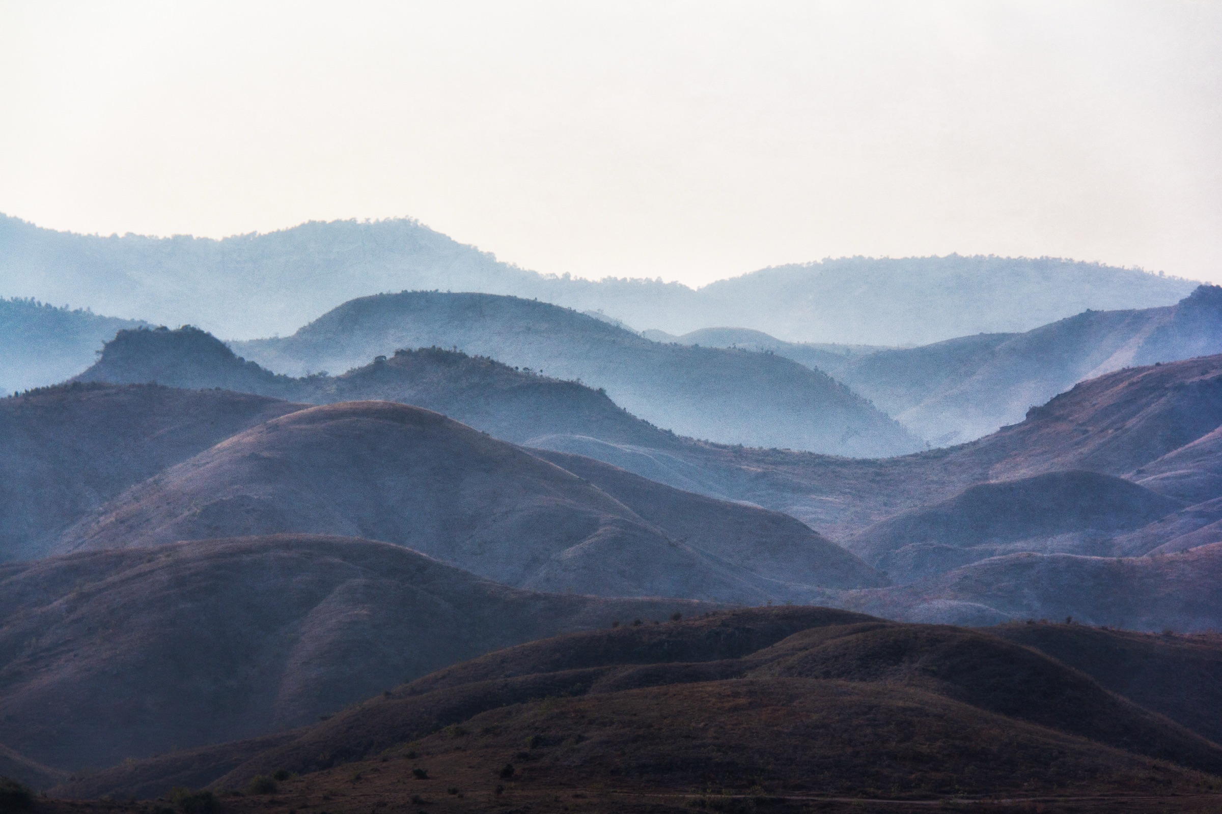 Rounded grassy hills receding ridge behind ridge into pale blue morning haze.